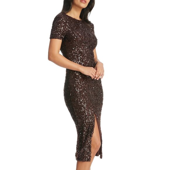 NEW DRESS THE POPULATION Natasha Midi Dress Sequin Mocha Size Small - Picture 3 of 7
